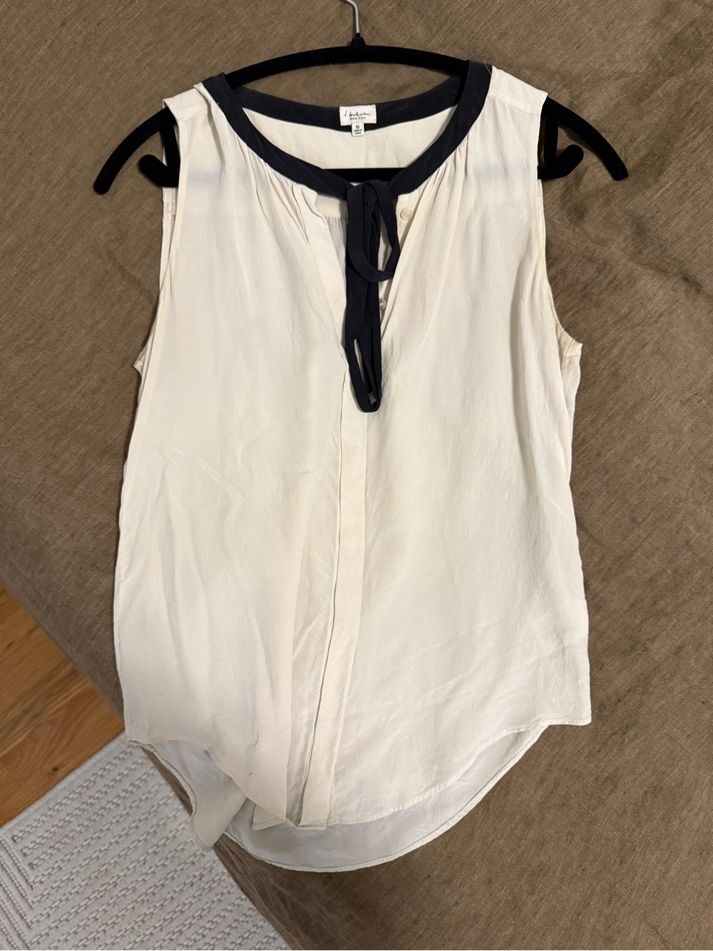 Babaton Sleeveless Ivory Tie-Neck Blouse with Black Trim
